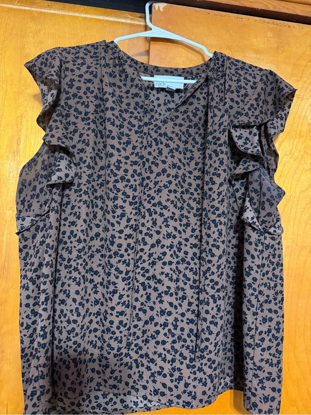 Nordstrom Brown Blouse with Black Floral Print and Ruffle Sleeves